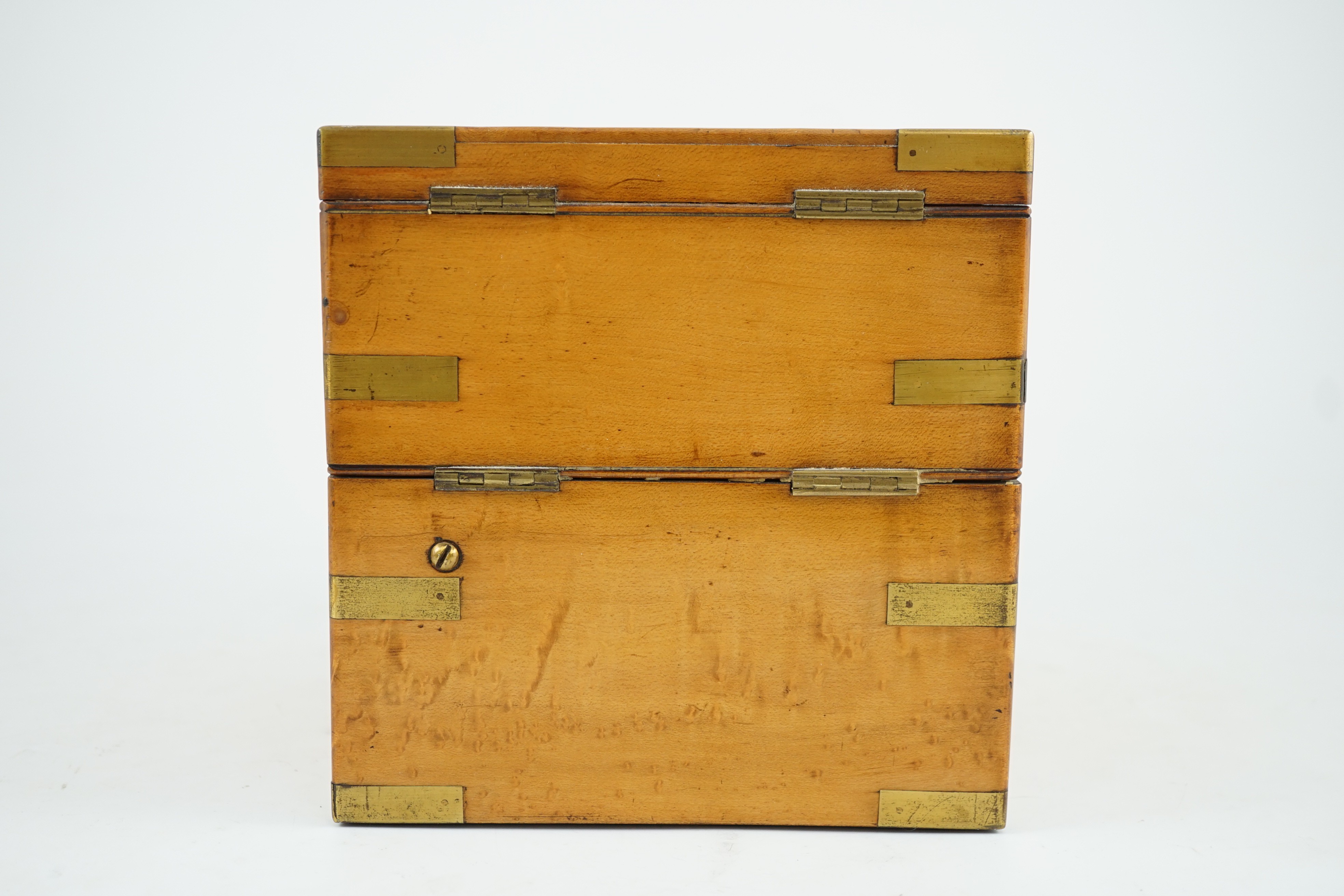 John Carter, Cornhill, London. Maker to the Royal Navy. A brass bound birds eye maple cased two day Marine Chronometer, width 16cm depth 16cm height 16.5cm